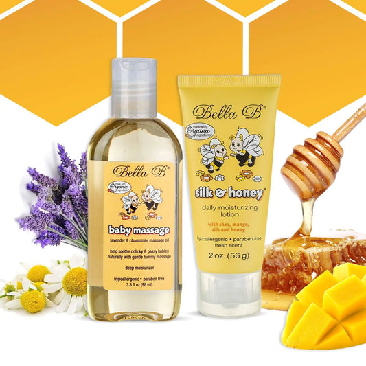 Aceite de masaje para bebé Bella B Bundle 3.3 oz y loción para bebé de seda y miel 2 oz - Aceite para bebé orgánico - Aceite para bebé natural - Loción para bebé natural -