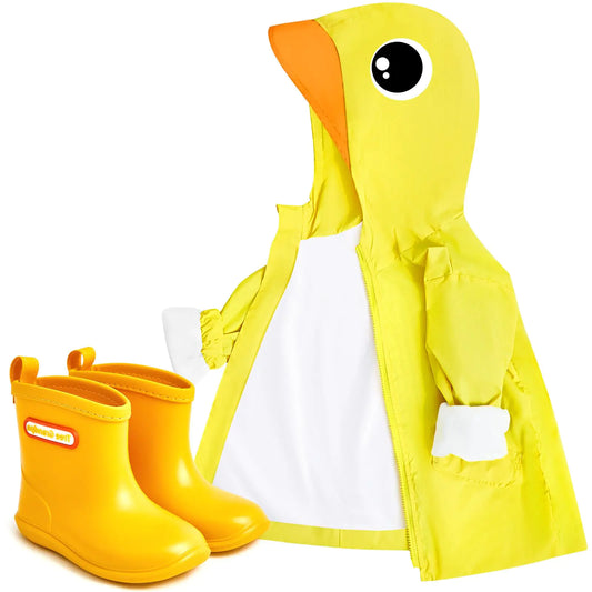 Conjunto de 2 piezas Twistover: impermeable y botaConjunto de 2 piezas Twistover: impermeable y botas de lluvia para niñas y niños pequeños, chaqueta con cremallera de dibujo animado de pato y zapatos de lluvia cortos para bebés (Pato amarillo, talla 2T).